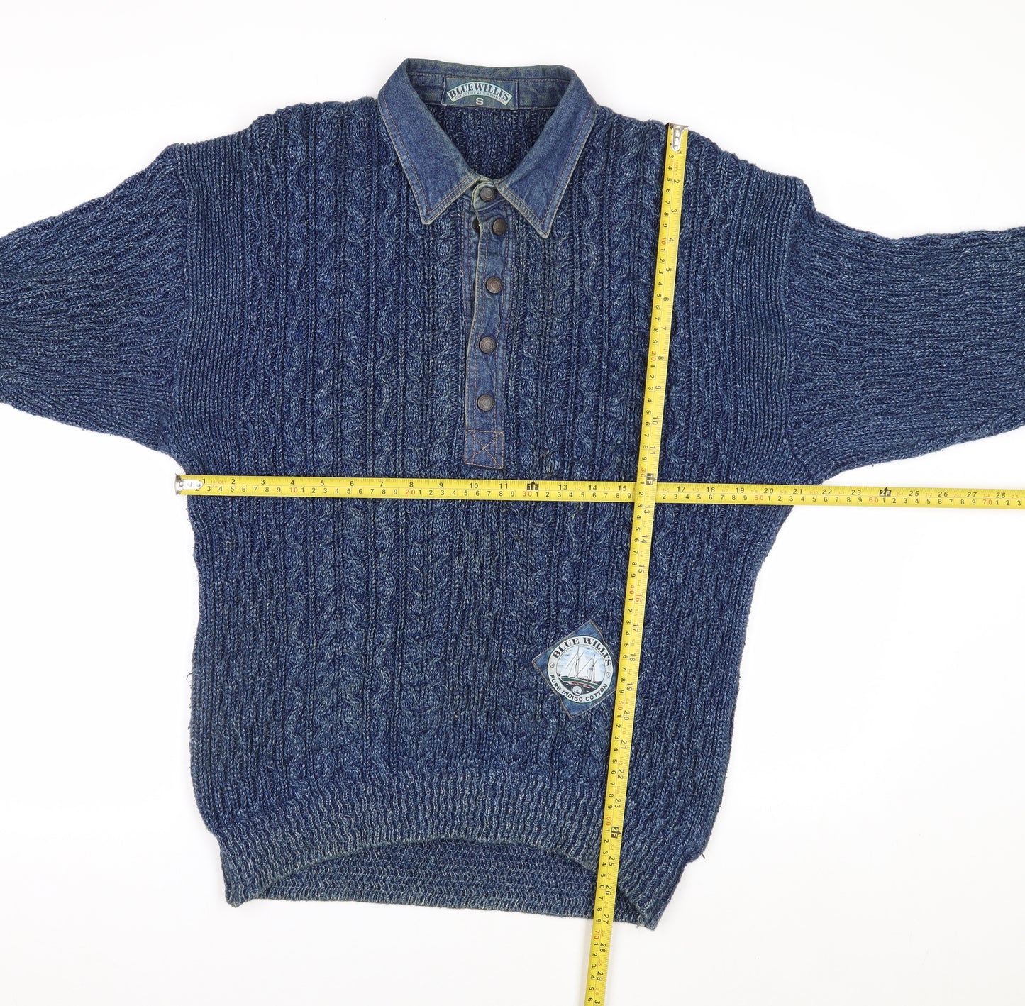 Blue Willi’s Men’s Blue Cable-Knit Henley Cotton Jumper S