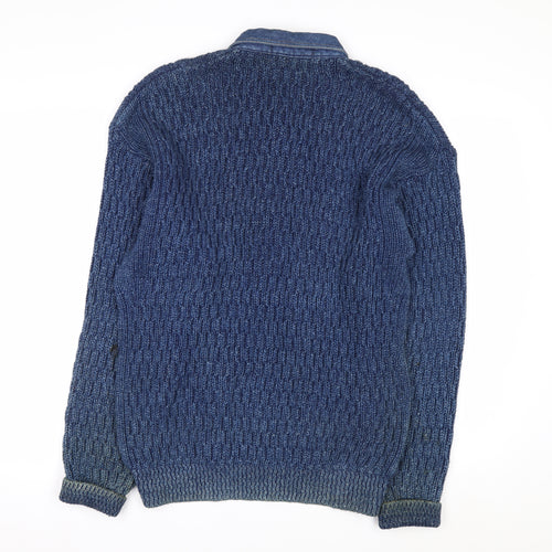 Blue Willi’s Men’s Blue Cable-Knit Henley Cotton Jumper S