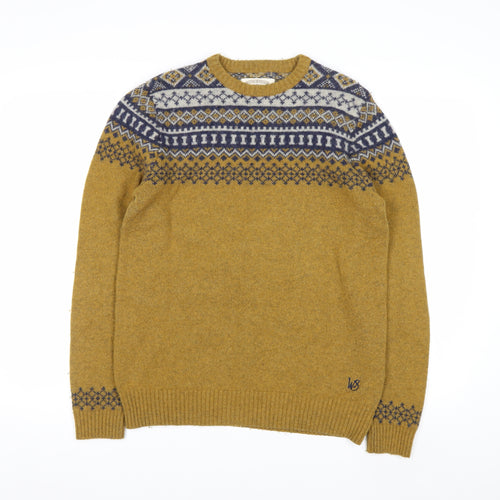 White Stuff Men's Mustard Fair Isle Wool Jumper Small Crew Neck Knit