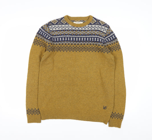 White Stuff Men's Mustard Fair Isle Wool Jumper Small Crew Neck Knit