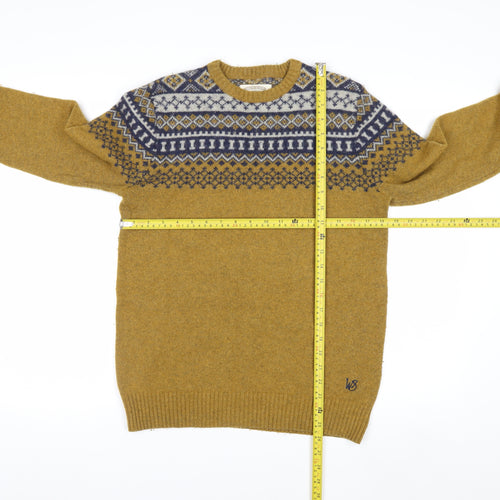 White Stuff Men's Mustard Fair Isle Wool Jumper Small Crew Neck Knit