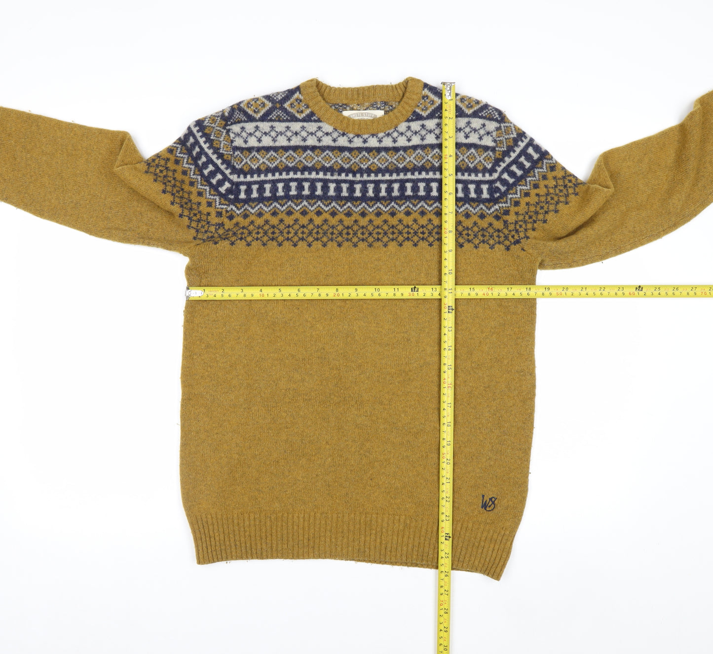 White Stuff Men's Mustard Fair Isle Wool Jumper Small Crew Neck Knit
