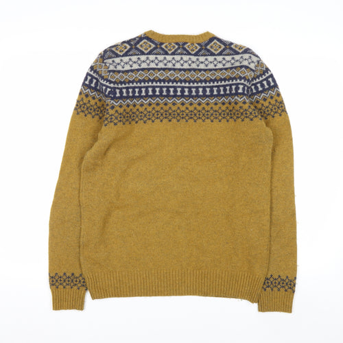 White Stuff Men's Mustard Fair Isle Wool Jumper Small Crew Neck Knit