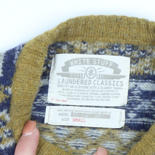 White Stuff Men's Mustard Fair Isle Wool Jumper Small Crew Neck Knit