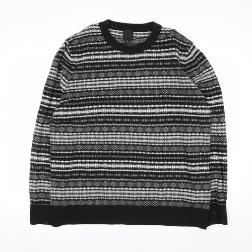 H&M Men's Black Fair Isle Knit Jumper XL Crew Neck Acrylic