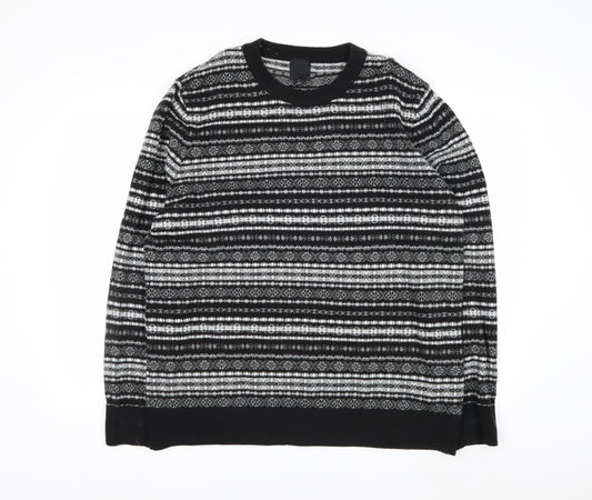 H&M Men's Black Fair Isle Knit Jumper XL Crew Neck Acrylic