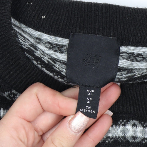 H&M Men's Black Fair Isle Knit Jumper XL Crew Neck Acrylic