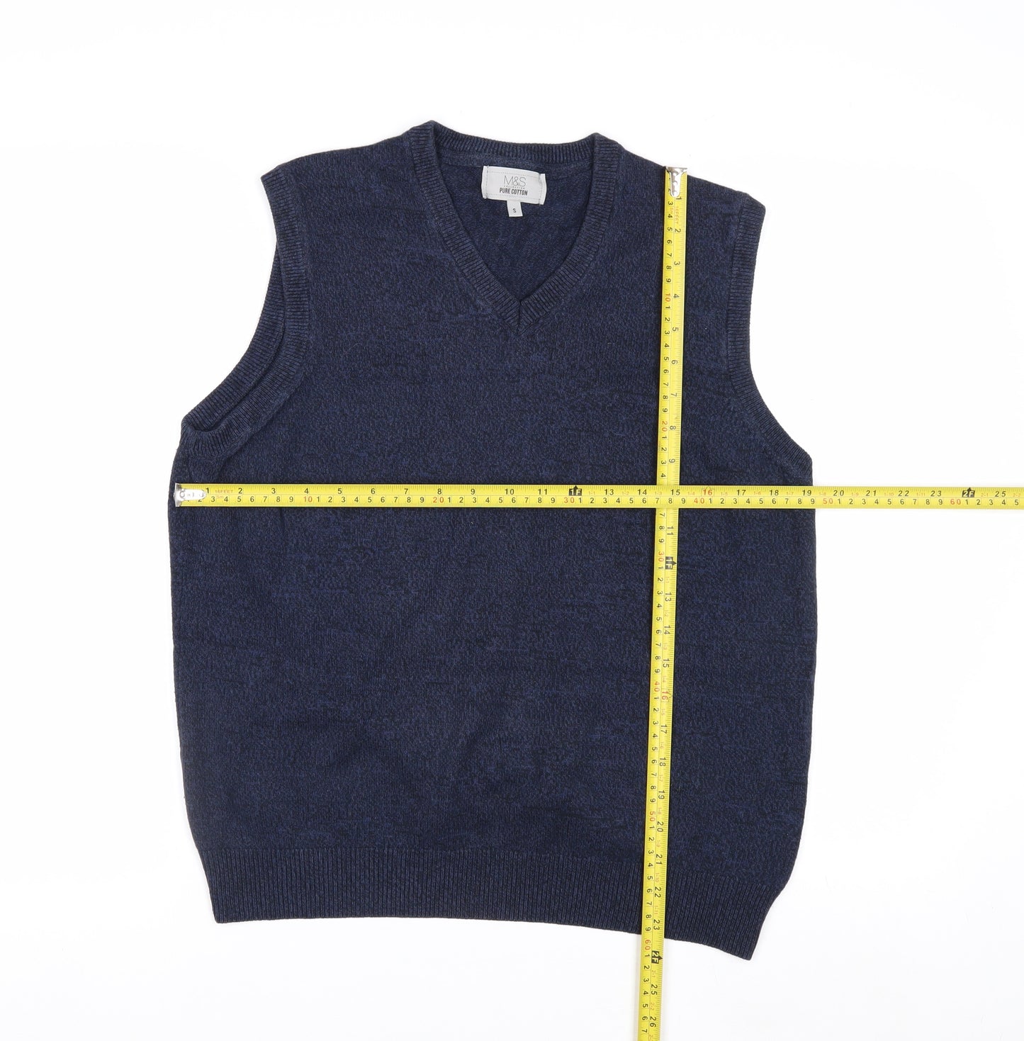 Marks and Spencer Men's Blue Cotton Sleeveless V-Neck Vest Jumper Size S