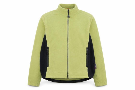 Front view of Eddie Bauer women’s green fleece full zip jacket, size L, polartec wind pro