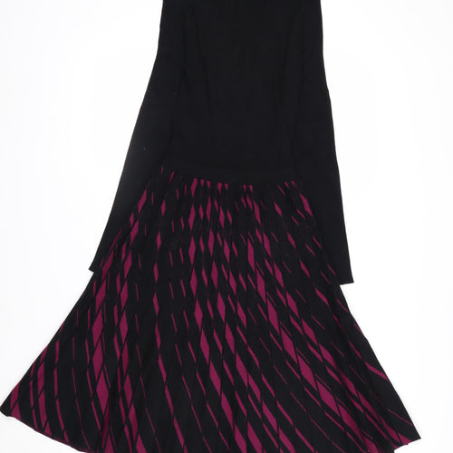 Hobbs Women’s Black & Burgundy Knit Midi Fit & Flare Dress UK 10