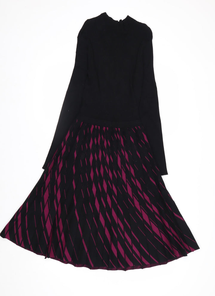 Hobbs Women’s Black & Burgundy Knit Midi Fit & Flare Dress UK 10
