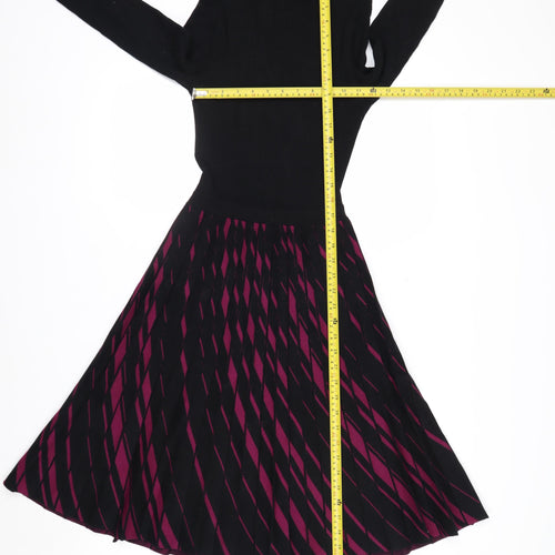 Hobbs Women’s Black & Burgundy Knit Midi Fit & Flare Dress UK 10