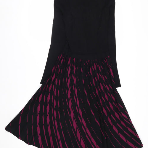 Hobbs Women’s Black & Burgundy Knit Midi Fit & Flare Dress UK 10