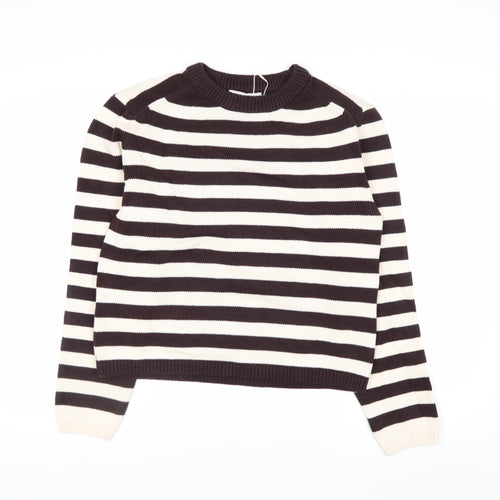 Marks and Spencer Women Brown Striped Crew Neck Cotton Jumper Size S