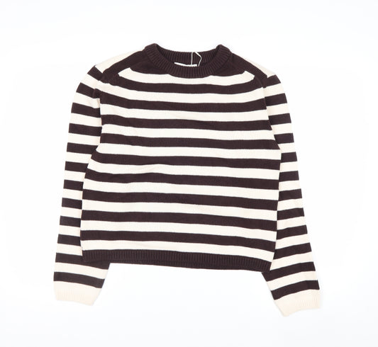 Marks and Spencer Women Brown Striped Crew Neck Cotton Jumper Size S