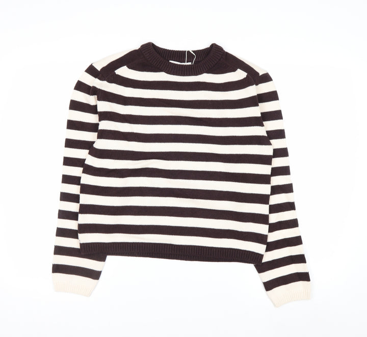 Marks and Spencer Women Brown Striped Crew Neck Cotton Jumper Size S