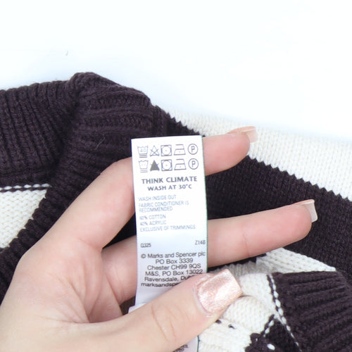 Marks and Spencer Women Brown Striped Crew Neck Cotton Jumper Size S