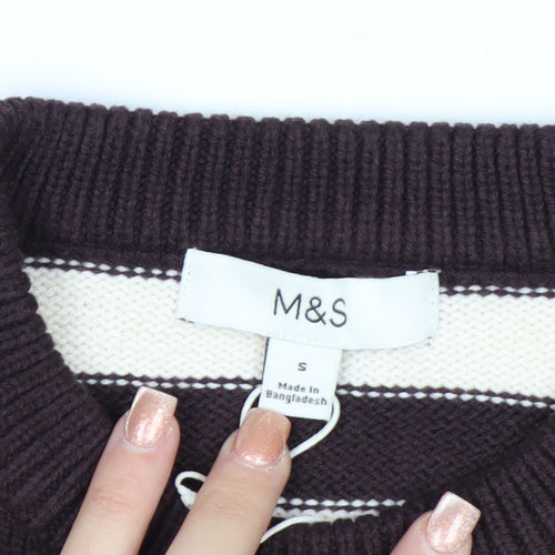 Marks and Spencer Women Brown Striped Crew Neck Cotton Jumper Size S
