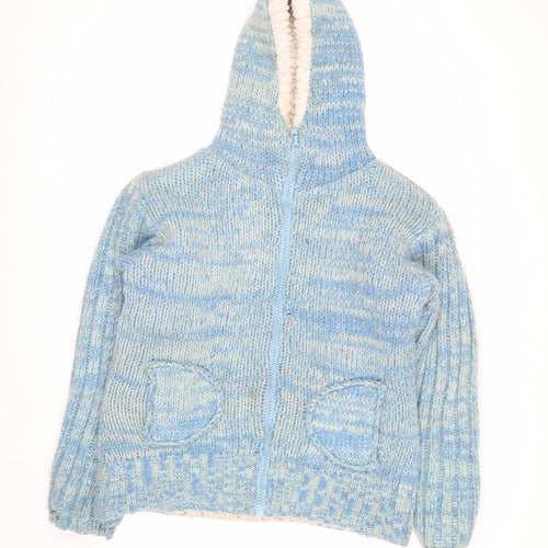 Joe Browns Women Blue Wool Hooded Chunky-Knit Full Zip Jumper M