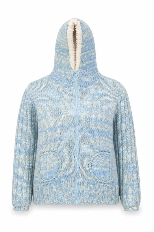 Front view of Joe Browns Women Blue Wool Hooded Chunky-Knit Full Zip Jumper M