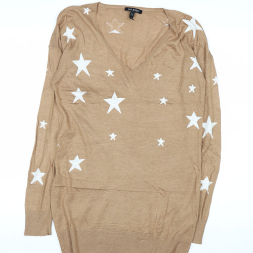 Baukjen Women Beige V-Neck Star Print Long Sleeve Jumper UK 8