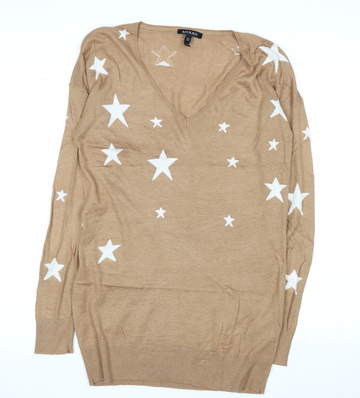Baukjen Women Beige V-Neck Star Print Long Sleeve Jumper UK 8