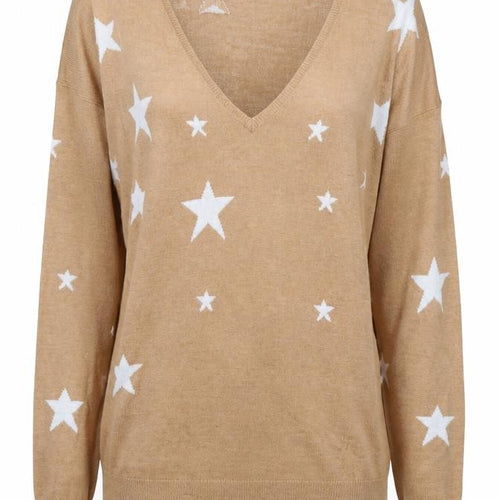 Baukjen Women Beige V-Neck Star Print Long Sleeve Jumper UK 8