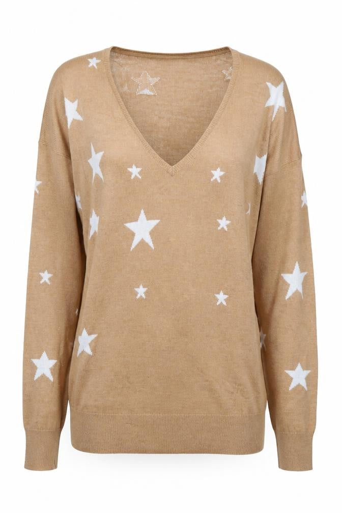Baukjen Women Beige V-Neck Star Print Long Sleeve Jumper UK 8