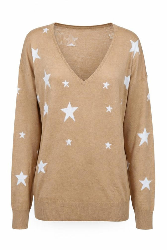 Front view of Baukjen Women Beige V-Neck Star Print Long Sleeve Jumper UK 8