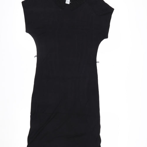 H&M Women Black Knee Length Shift Dress Size 8 Beaded Collar