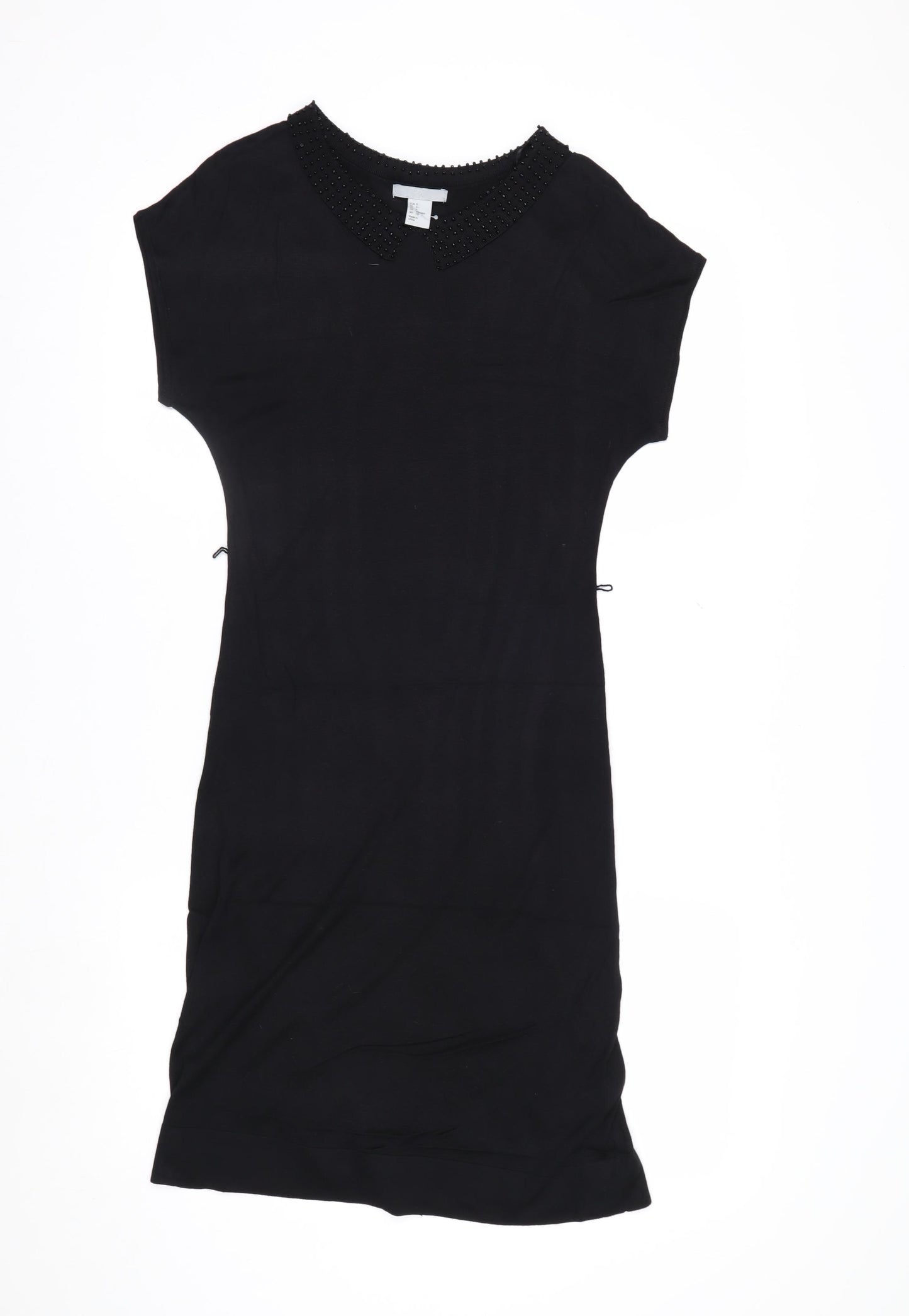 H&M Women Black Knee Length Shift Dress Size 8 Beaded Collar