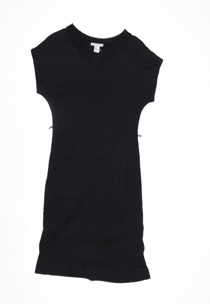H&M Women Black Knee Length Shift Dress Size 8 Beaded Collar