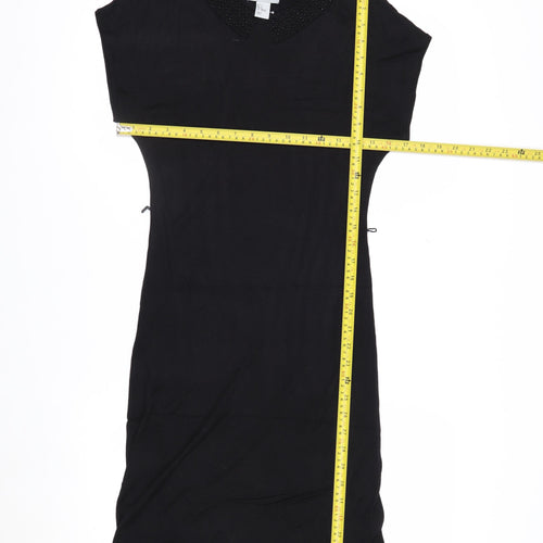 H&M Women Black Knee Length Shift Dress Size 8 Beaded Collar
