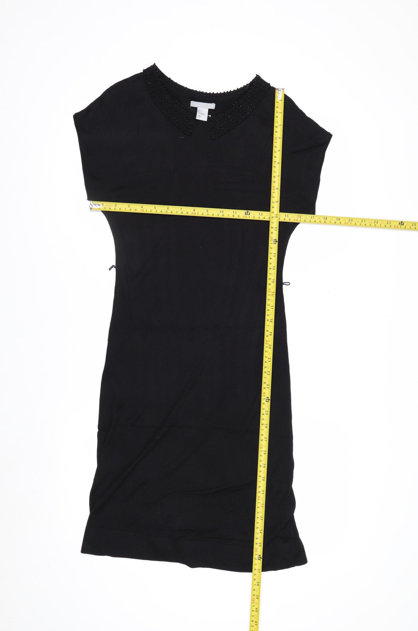 H&M Women Black Knee Length Shift Dress Size 8 Beaded Collar