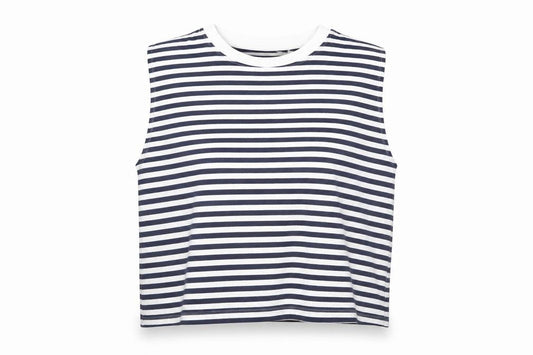 Front view of Boden women’s blue white striped sleeveless cotton t-shirt, size M