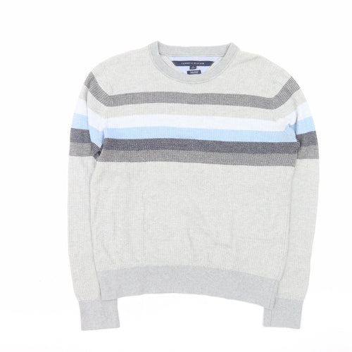 Tommy Hilfiger Men's Grey Striped Pima Cotton Crew Neck Jumper M