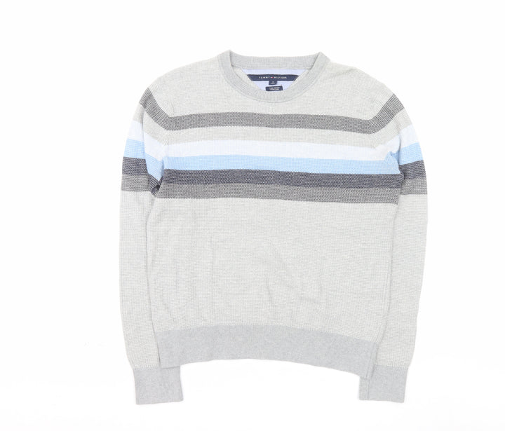Tommy Hilfiger Men's Grey Striped Pima Cotton Crew Neck Jumper M