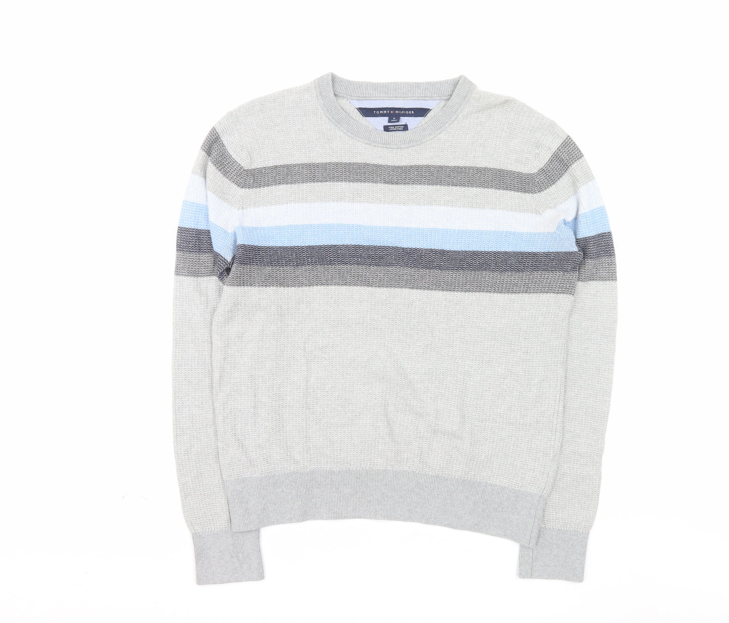 Tommy Hilfiger Men's Grey Striped Pima Cotton Crew Neck Jumper M