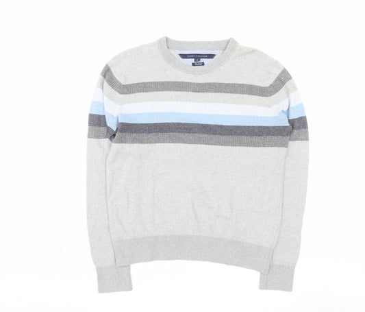 Tommy Hilfiger Men's Grey Striped Pima Cotton Crew Neck Jumper M