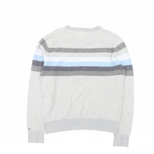 Tommy Hilfiger Men's Grey Striped Pima Cotton Crew Neck Jumper M