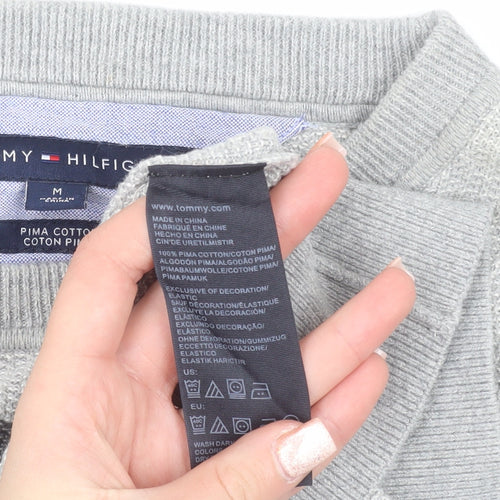 Tommy Hilfiger Men's Grey Striped Pima Cotton Crew Neck Jumper M