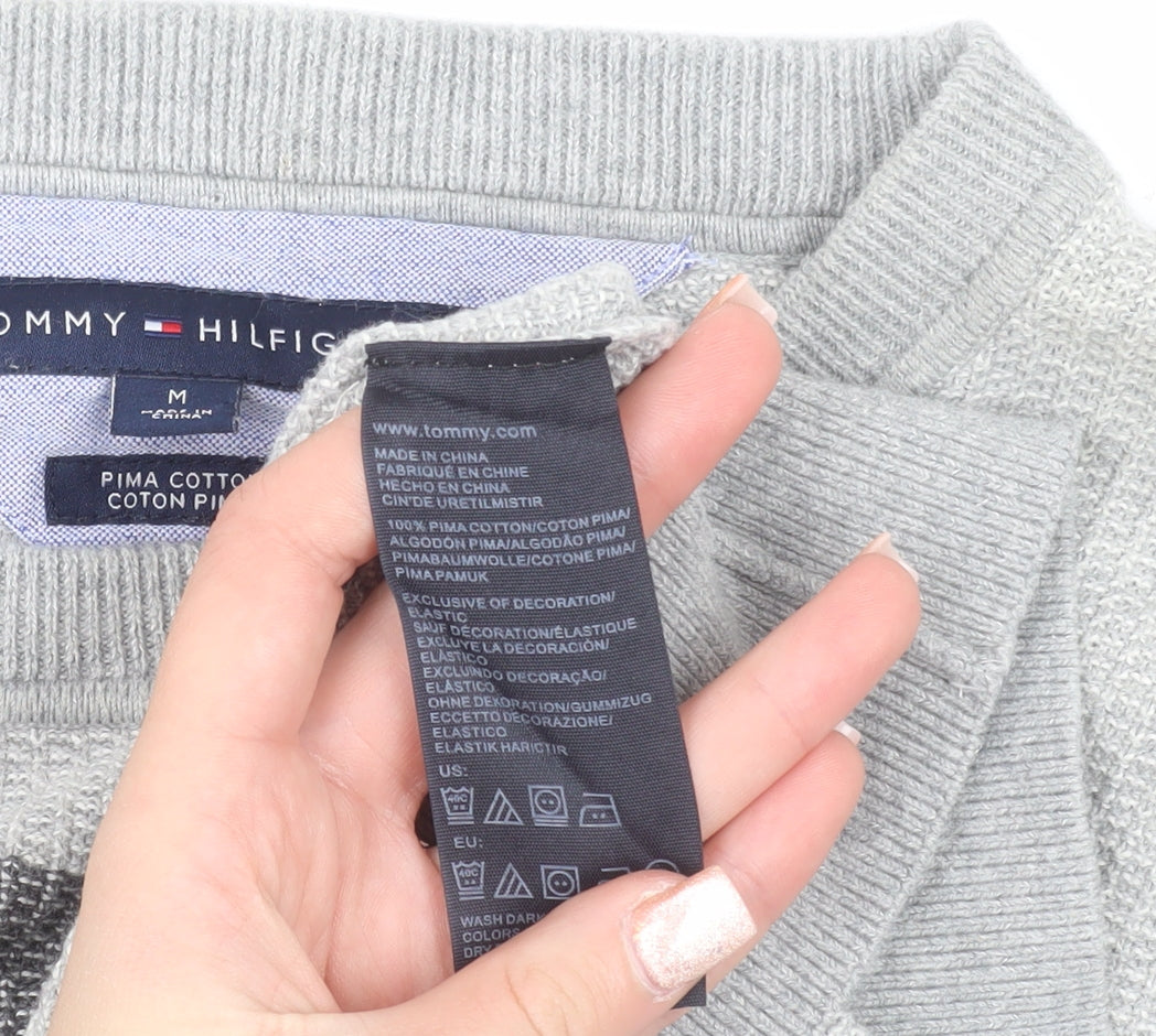 Tommy Hilfiger Men's Grey Striped Pima Cotton Crew Neck Jumper M