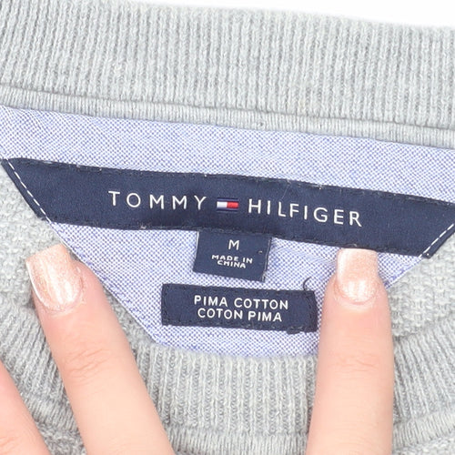 Tommy Hilfiger Men's Grey Striped Pima Cotton Crew Neck Jumper M