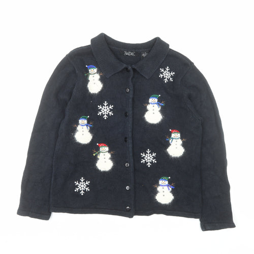 Crystal Kobe Women's Black Collared Snowman Christmas Cardigan Size S
