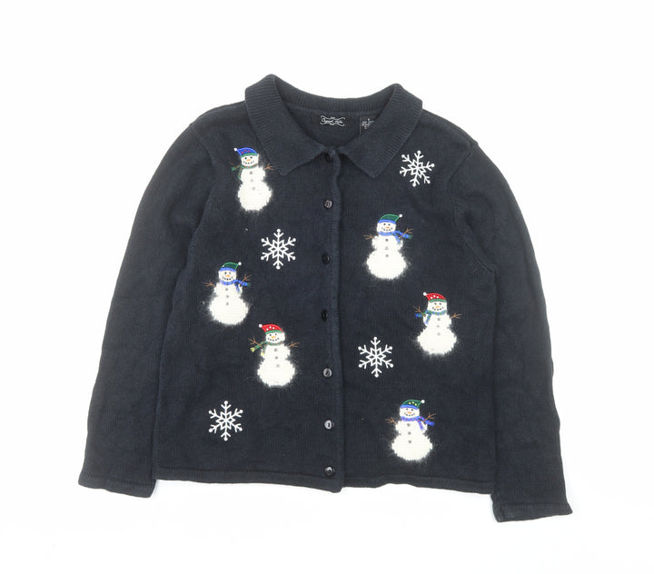 Crystal Kobe Women's Black Collared Snowman Christmas Cardigan Size S