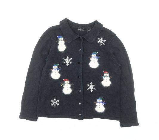 Crystal Kobe Women's Black Collared Snowman Christmas Cardigan Size S