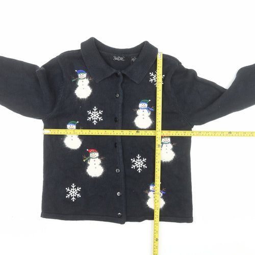 Crystal Kobe Women's Black Collared Snowman Christmas Cardigan Size S