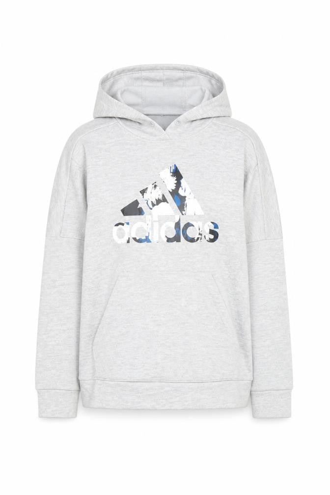 Front view of Adidas Women’s Grey Pullover Hoodie, size M, Polyester Sportswear