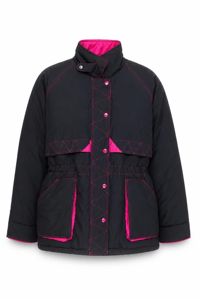 Front view of New Extra Women's Black Pink Puffer Jacket M Winter Nylon