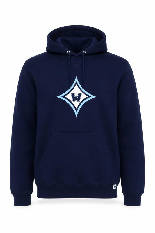 Front view of Russell Athletic Men’s Blue Pullover Hoodie M Baseball Sportswear
